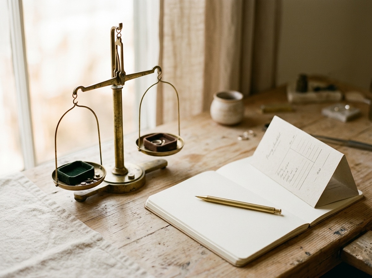 Flat lay of jewelry price tags, a loupe, and a folded pricing ledger on a cream linen surface