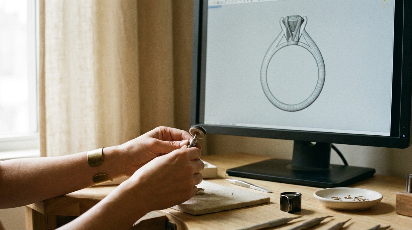 Finished custom engagement ring on a navy velvet tray, matching its approved CAD render