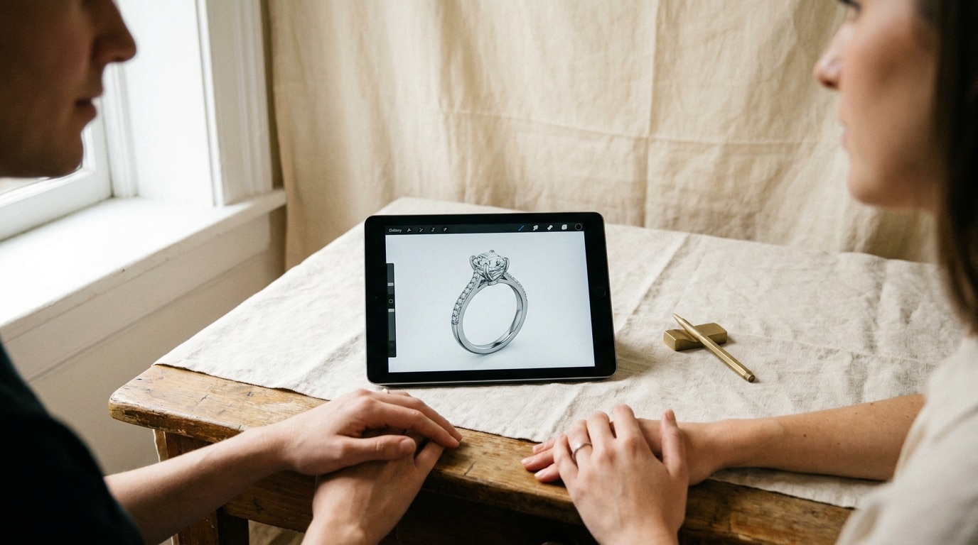 CAD render of a custom diamond ring displayed on a designer's screen next to the cast piece