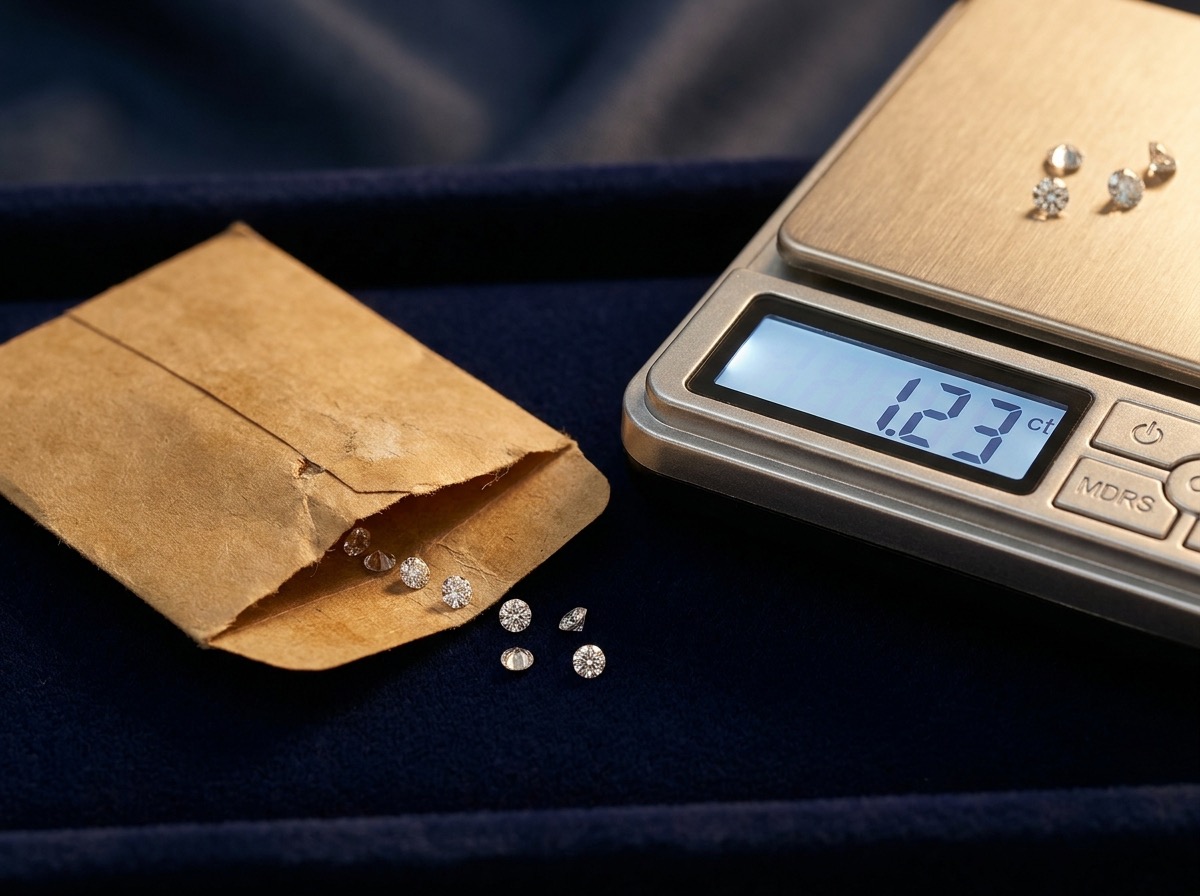 A small folded parcel paper holding a handful of loose natural melee diamonds beside a digital carat scale