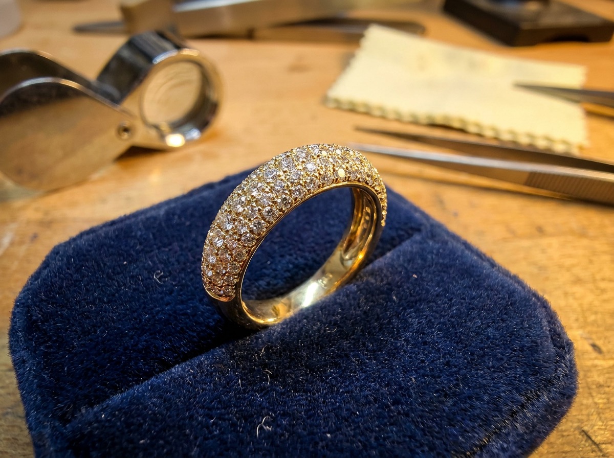 A finished pave diamond ring set with melee diamonds resting on navy velvet, representing the finished result of either natural or lab-grown melee sourcing