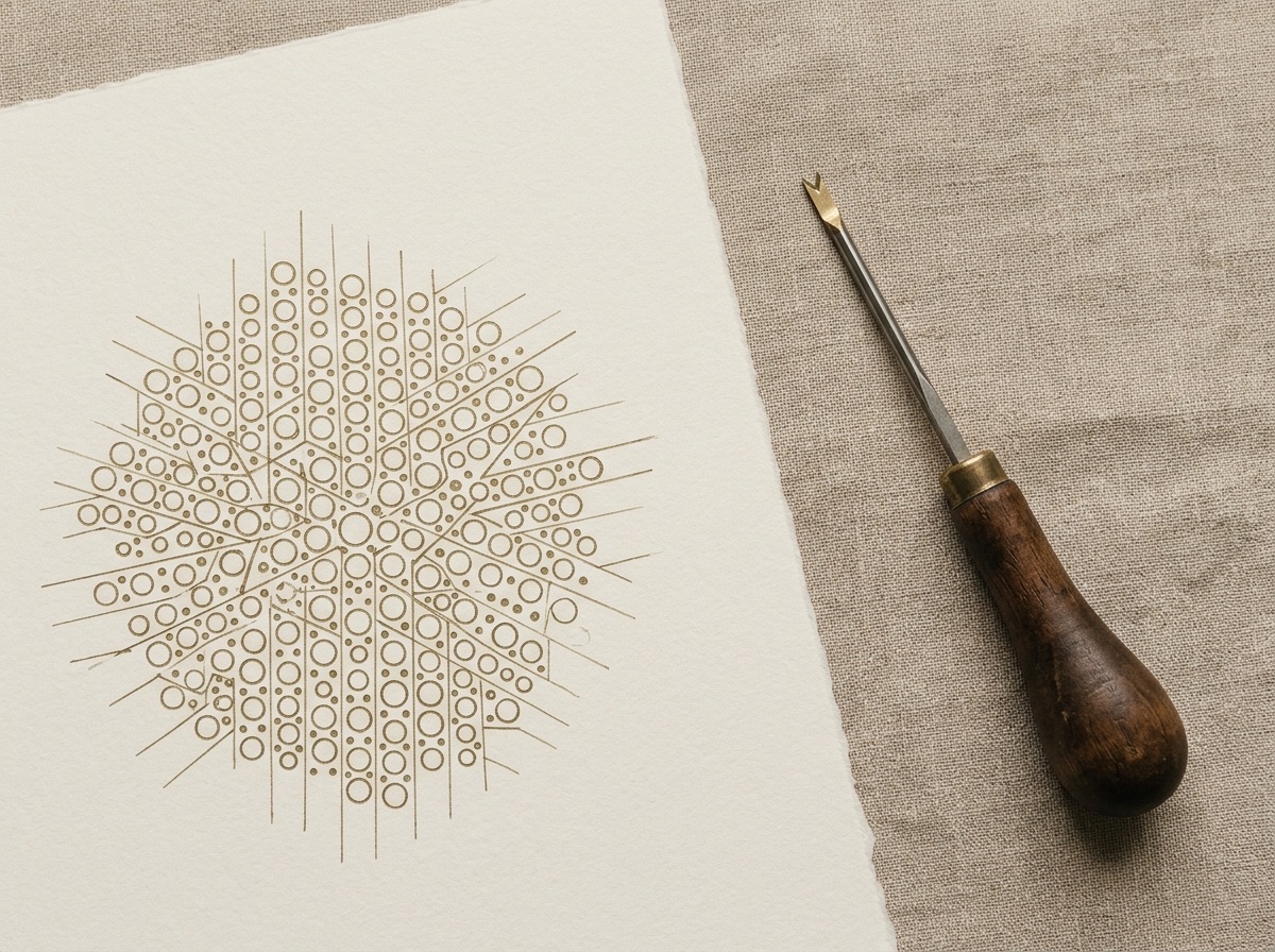 Overhead flat-lay of jeweler bench tools for a prong setting -- fine claws, a burnisher, a loupe, and a hand-drawn prong-setting diagram on cream paper