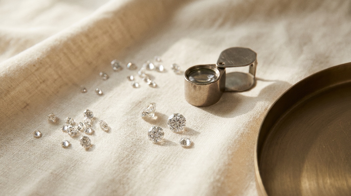 Diamonds, jewelry boxes, and a shipping invoice arranged together on a linen surface, representing consolidated one-vendor wholesale sourcing