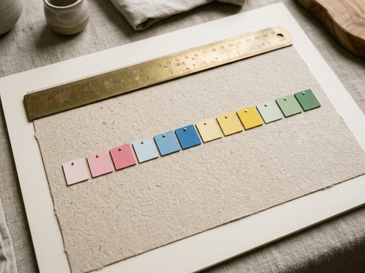 Geometric paper cutout silhouettes of heart, marquise, round, and cushion shapes in pastel pink, blue, yellow, and green on a brass tray with cream velvet