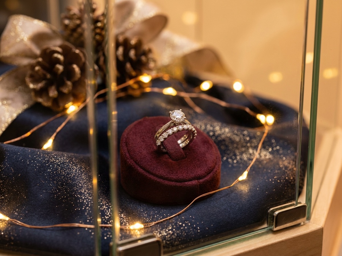An engagement ring and matching eternity band displayed together in a retail jewelry case during the winter holiday bridal buying season