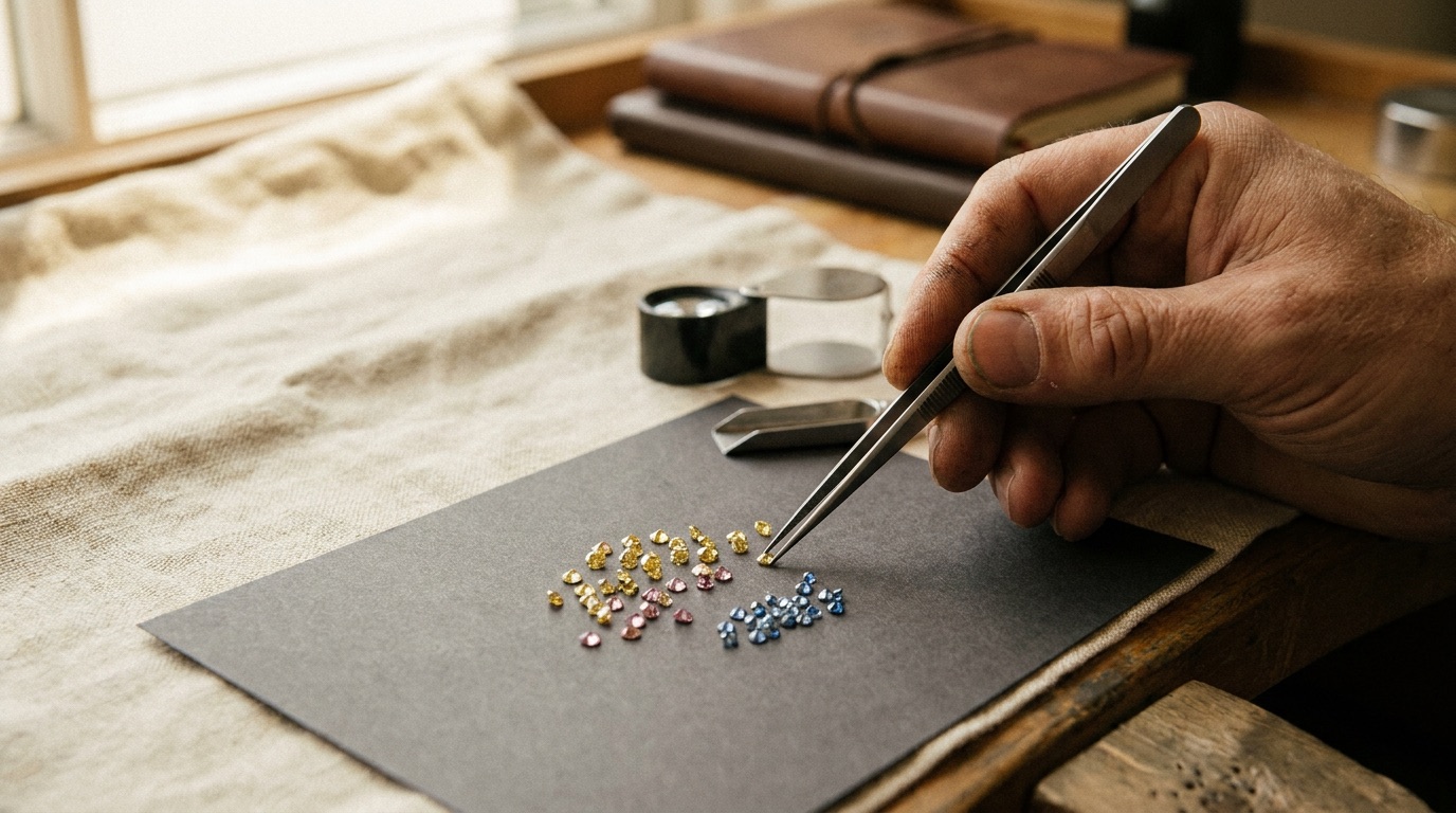 Fancy color melee diamonds in round and fancy shapes arranged by color band for parcel calibration