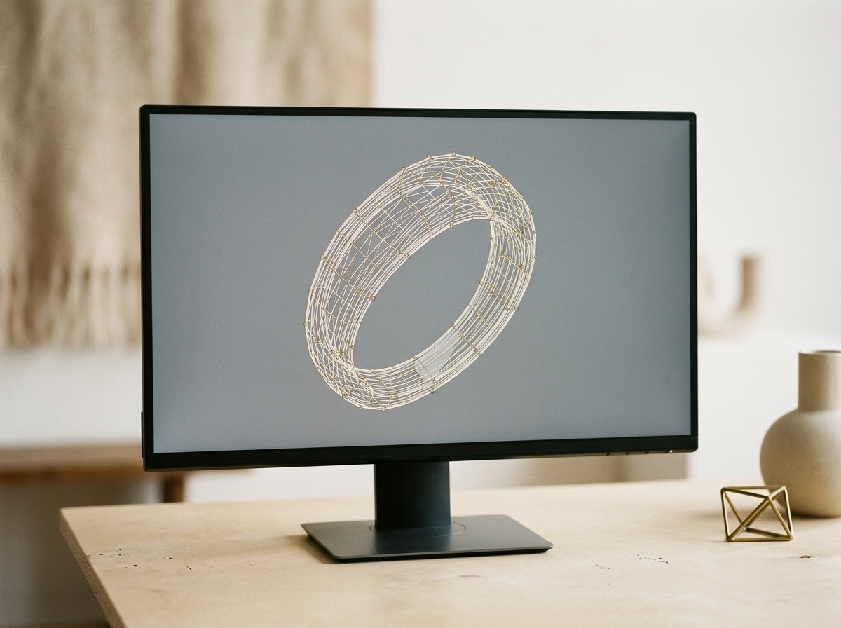 Monitor displaying an abstract 3D CAD wireframe ring model