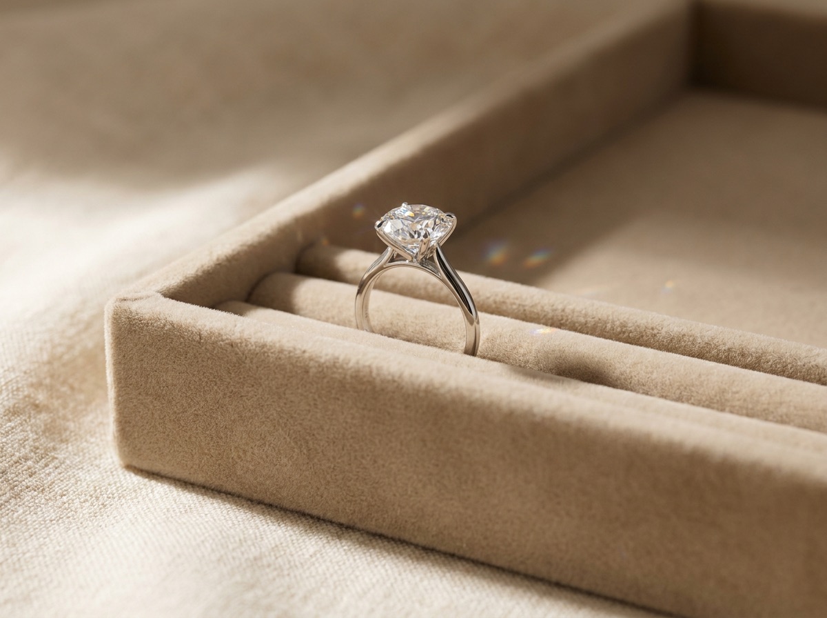 Handheld diamond tester device placed beside a diamond ring on a cream linen surface