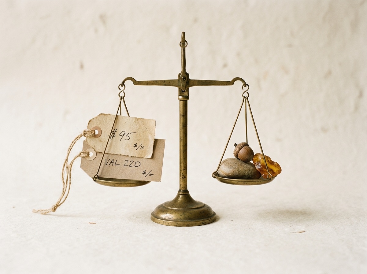 Editorial concept photograph of a brass balance scale weighing two different paper price tags, representing appraised value versus purchase price