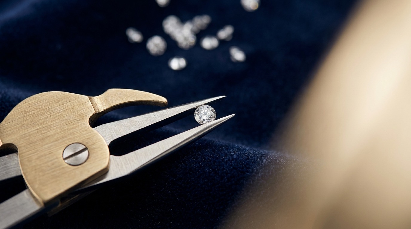 Jeweler's caliper gauge measuring a loose round natural melee diamond against a scattered parcel on navy velvet