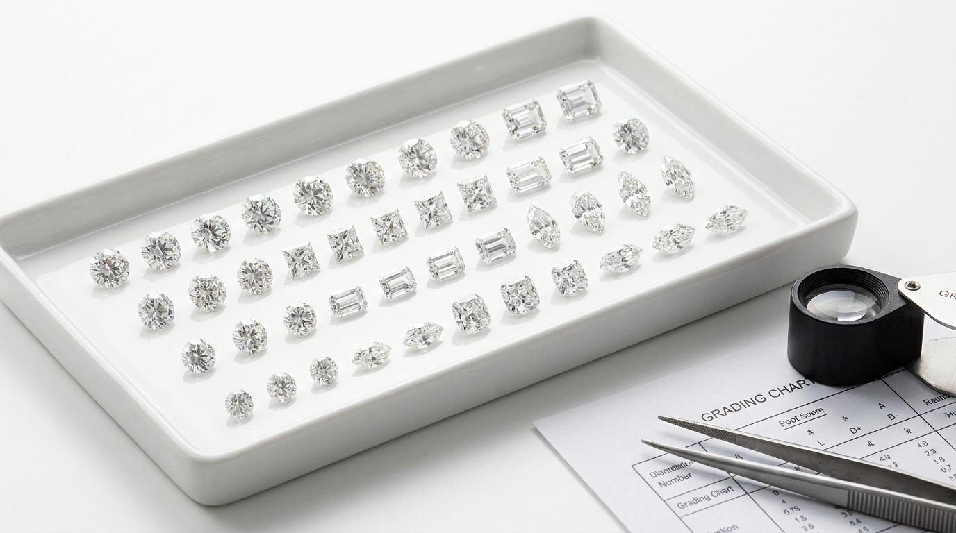 Assortment of loose diamonds in many shapes and sizes arranged on a white ceramic tray beside jeweler's tweezers for quality inspection