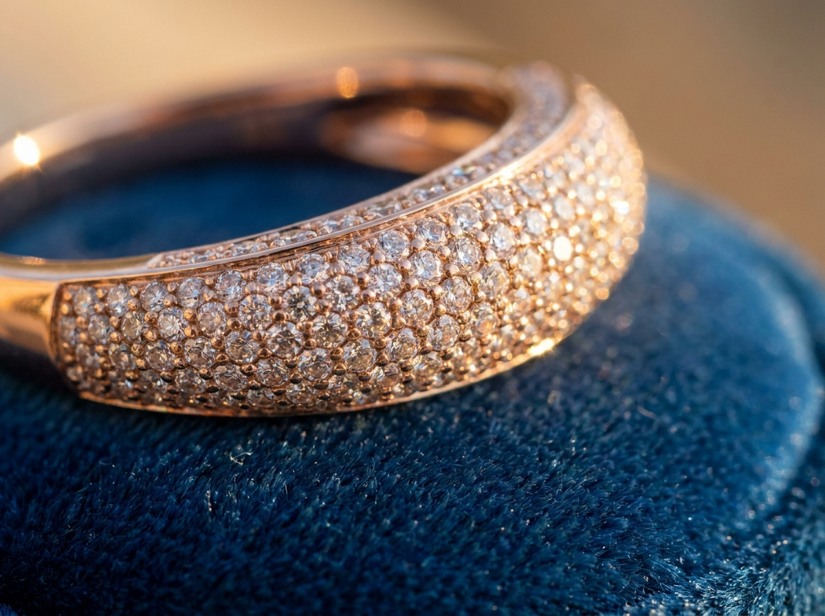 Finished pave diamond ring set with small natural melee diamonds on navy velvet, stones set densely edge to edge