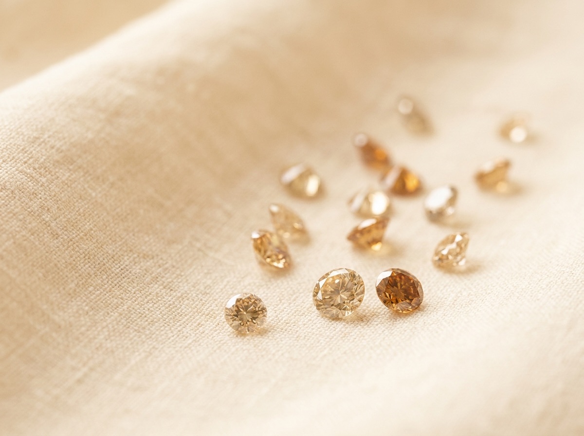 Trade jeweler examining loose fancy color diamonds with a loupe at a wholesale desk