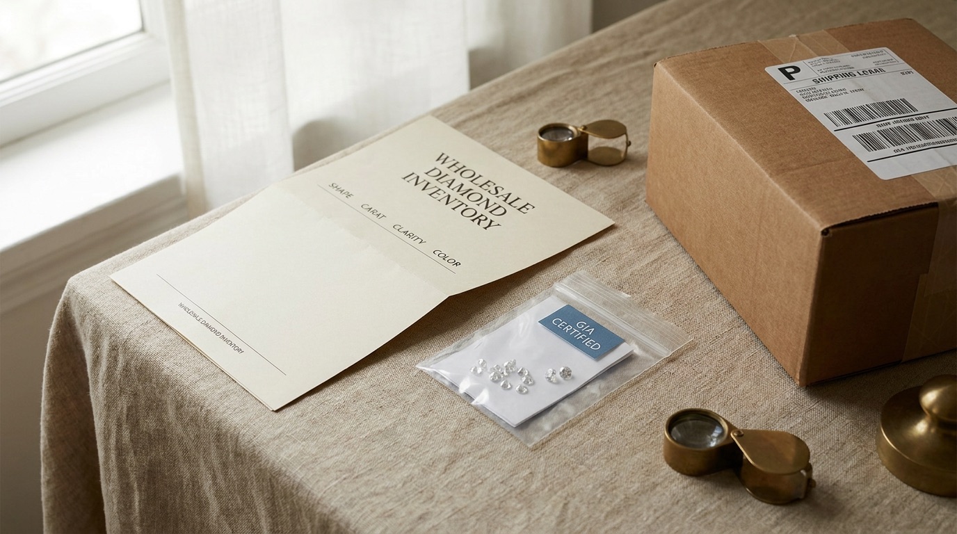 Trade buyer examining loose lab-grown diamonds with a loupe at a wholesale counter in New York's Diamond District