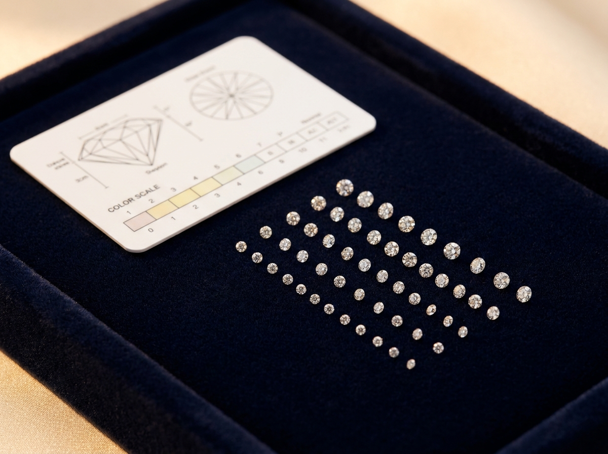 Loose natural melee diamonds of different sizes arranged in rows on navy velvet next to a white grading reference card