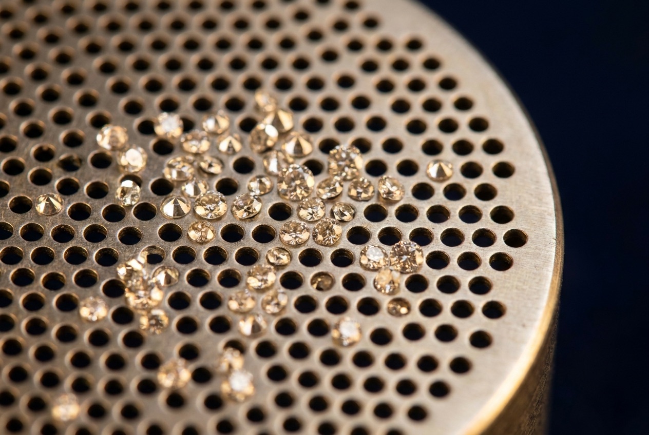 single brass diamond sieve plate mid-sort with loose round natural melee diamonds on the mesh