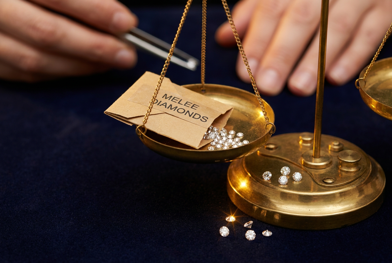 jeweler's scale weighing a paper parcel of loose melee diamonds, illustrating per-carat quote pricing