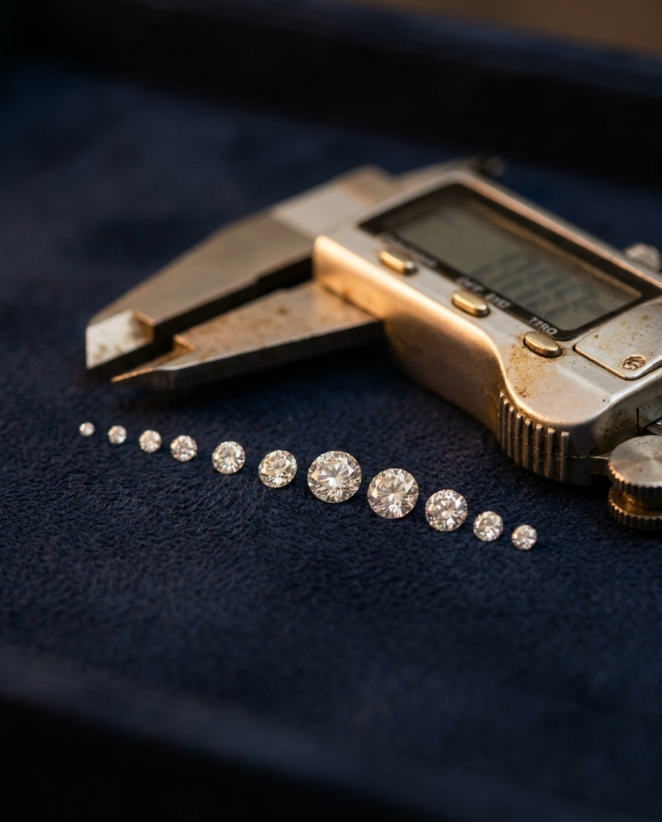 Graduated row of loose natural round diamonds with a millimeter gauge for size comparison