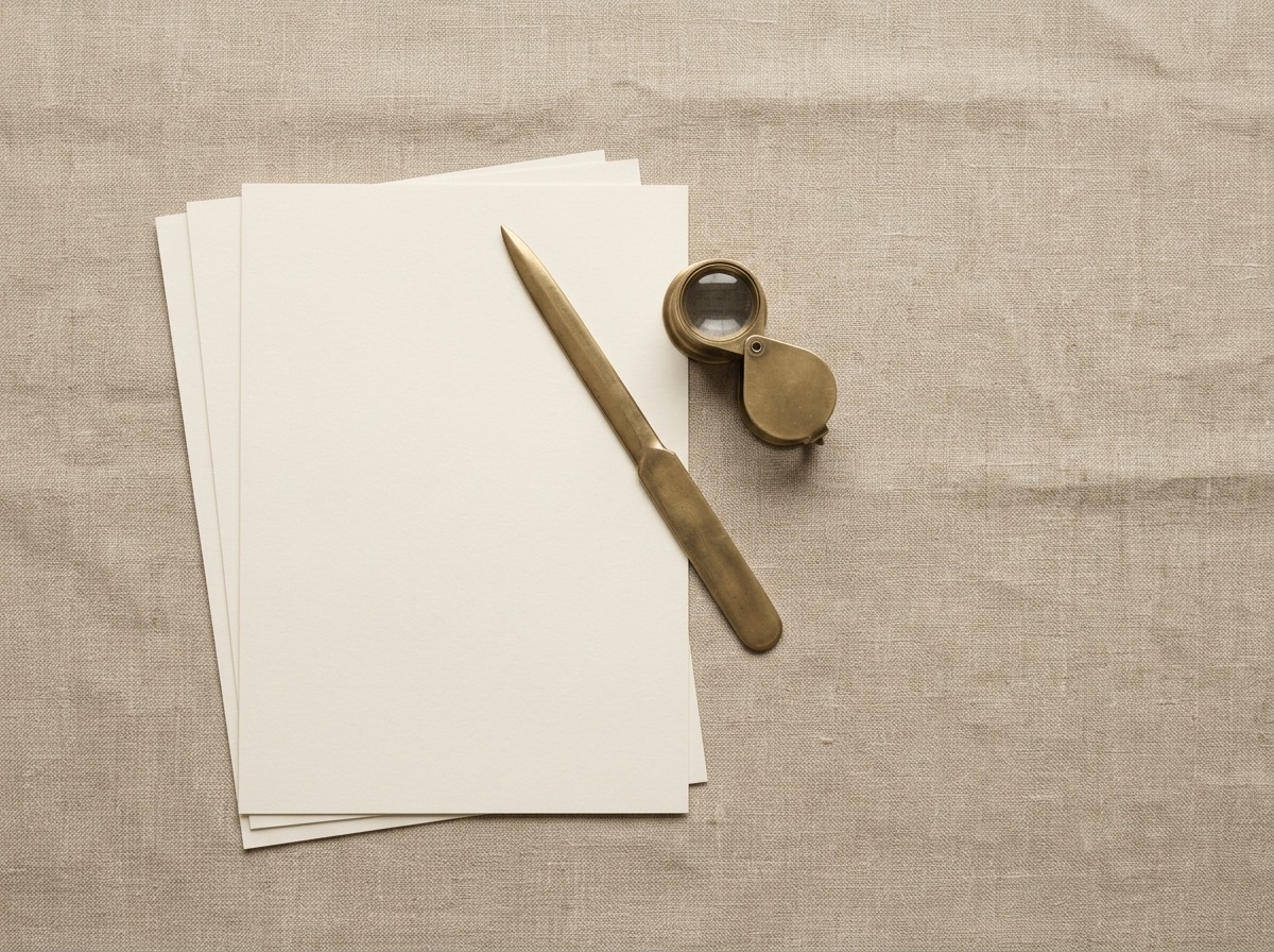 Overhead editorial photograph of a brass letter opener, loupe, and blank certificate paper corners arranged on warm oat linen