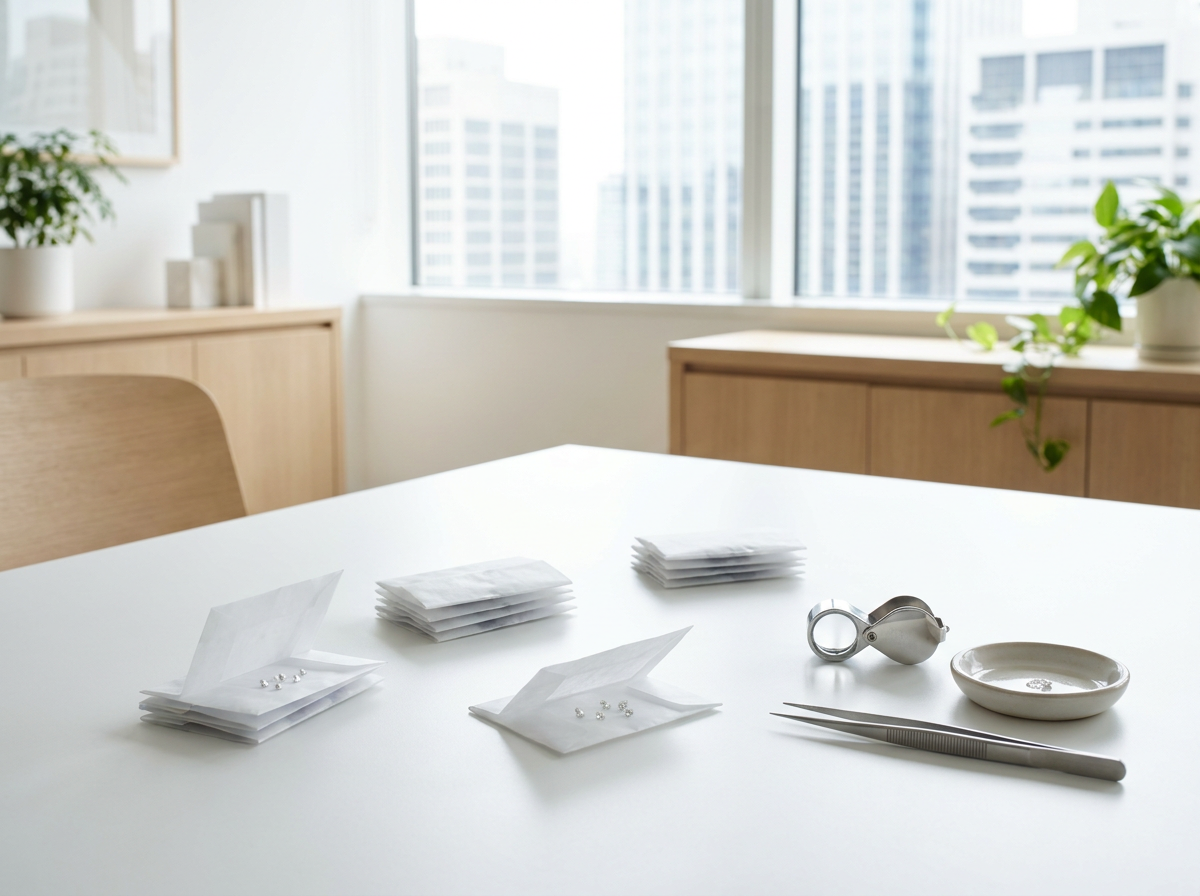 Wholesale lab-grown diamond parcels being sorted on a clean desk with a jeweler's loupe and tweezers in soft natural light