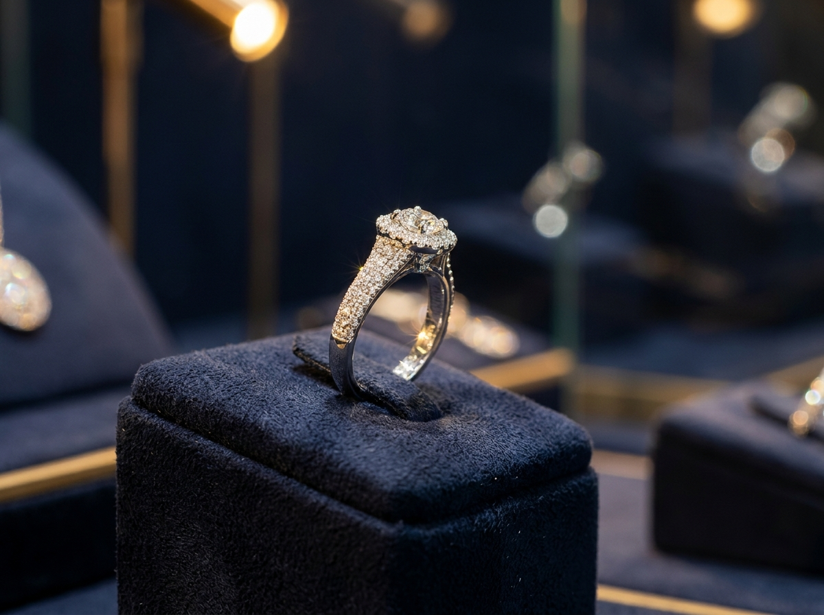 A finished pavé diamond engagement ring in a retail display setting, representing the retail price point that ultimately drives melee margin decisions