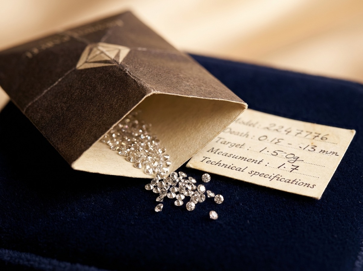 Folded diamond parcel paper with loose natural melee diamonds and a documentation slip on navy velvet