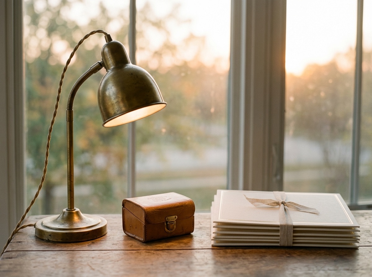 A hand-drawn ring design sketch and brass drafting tools on an oat linen desk