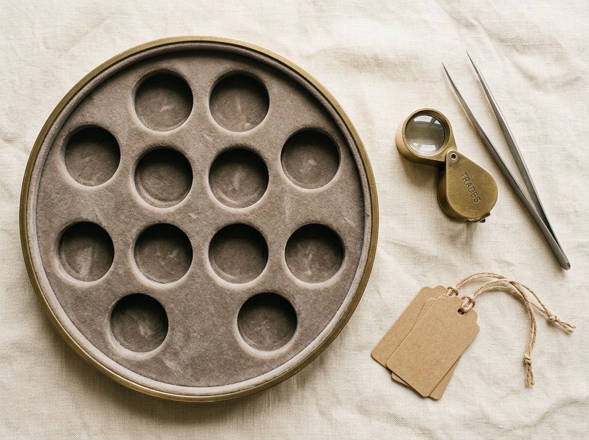 Flat lay of paper diamond shape templates with a brass caliper, loupe, and pencil, representing engagement center stone shape and proportion planning