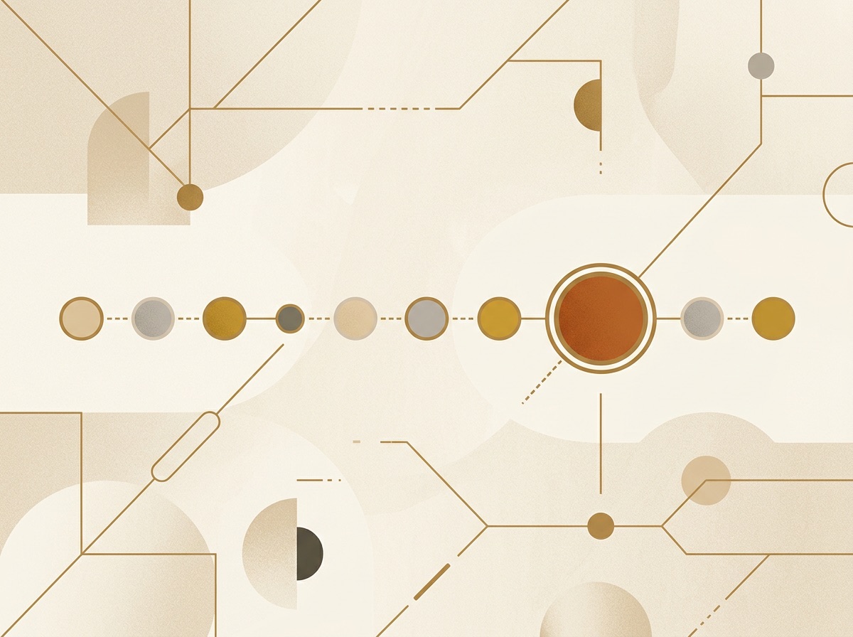 Abstract conveyor-line sequence of geometric shapes moving through sequential gates with a wider gap of open space near the end