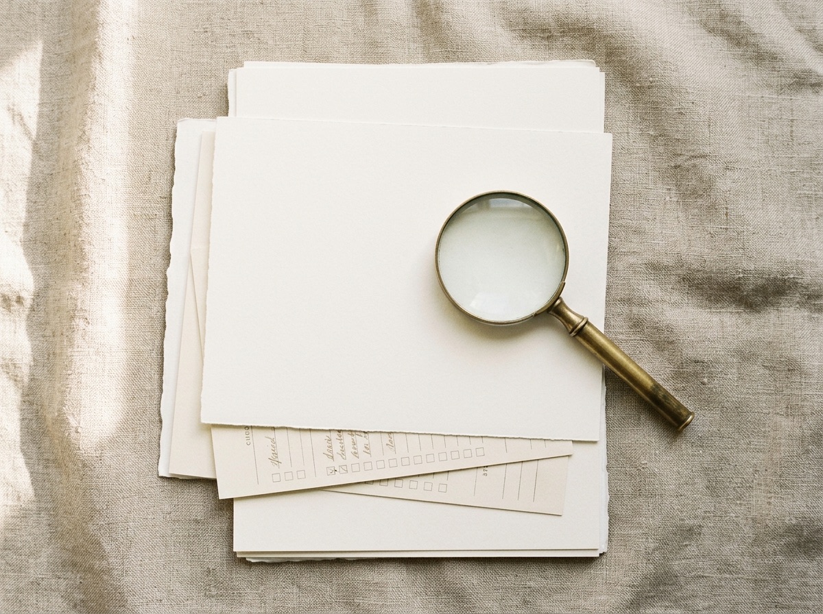 Brass magnifying glass over a neat stack of blank documents and a checklist card, representing supplier vetting and due diligence