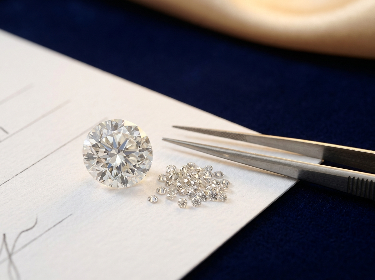A center diamond stone being color-matched against loose melee diamonds on a jeweler's grading pad