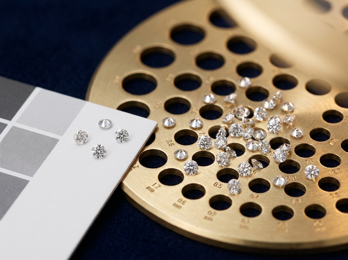 Loose natural melee diamonds being size-sorted on a graduated sieve plate next to a color grading card