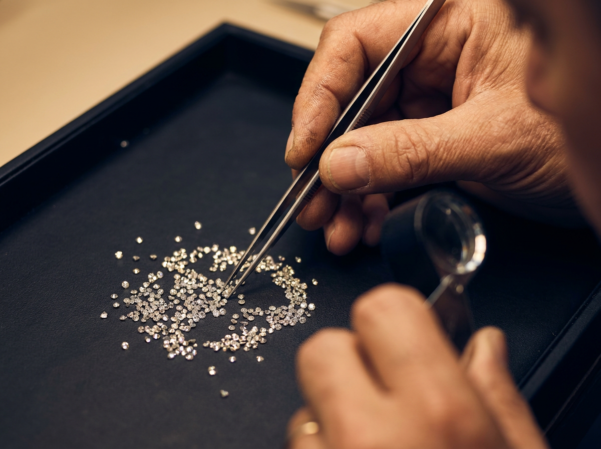 Jeweler's hands sorting loose SI and VS clarity natural melee diamonds with tweezers under a loupe, navy and gold trade editorial styling