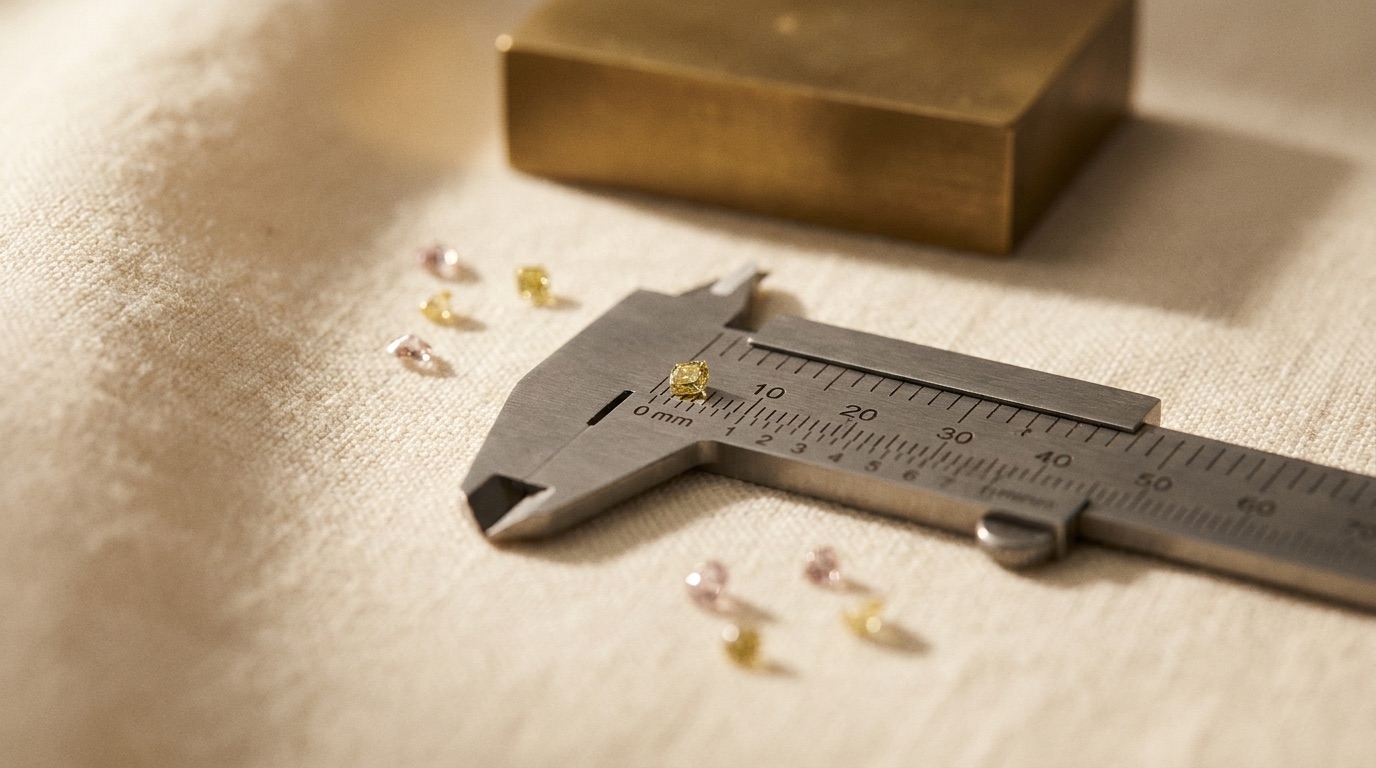 Gemologist using tweezers to compare a loose yellow diamond melee stone against a reference master stone under a jeweler's loupe