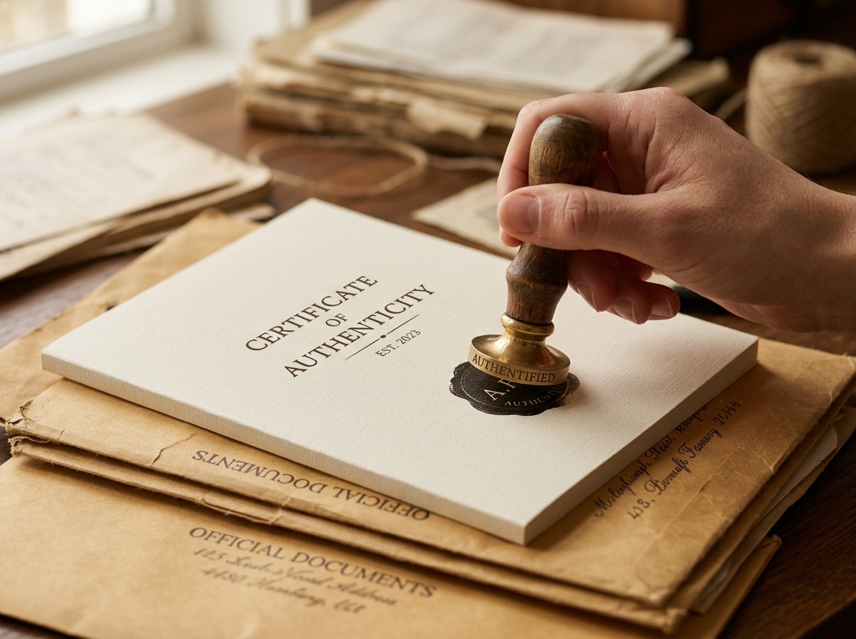 Flat-lay of two stacked invoice ledgers bound with brass clips beside a loupe on warm oat paper