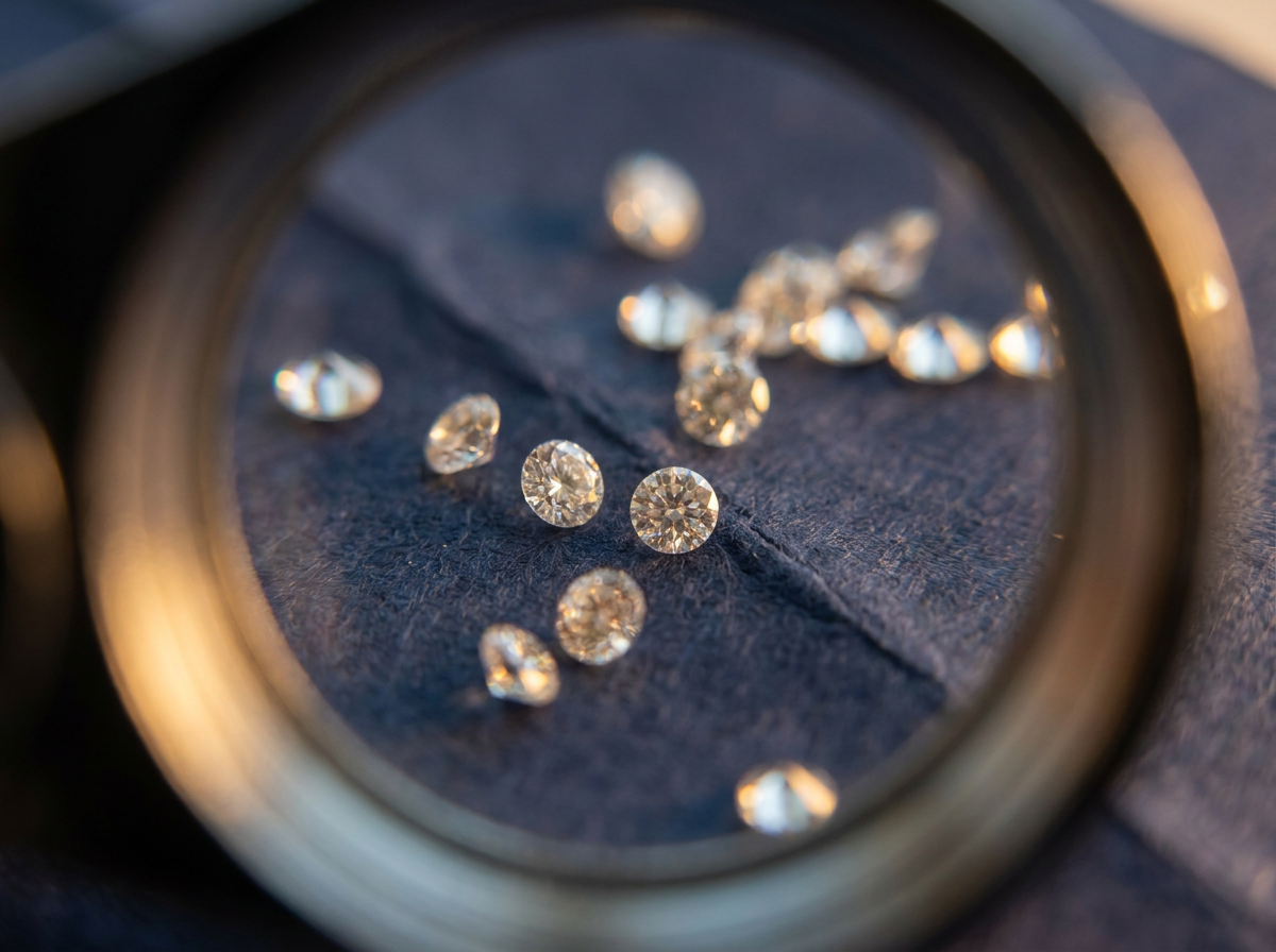 Close-up through a jeweler's loupe of loose small round diamonds on trade paper, illustrating magnified stone inspection