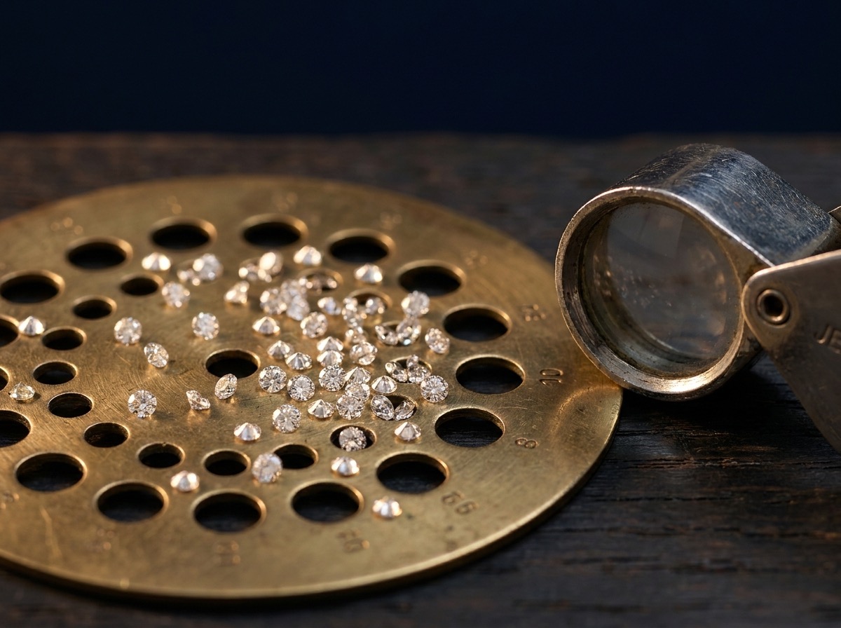 Loose round melee diamonds being sorted on a graduated sieve plate next to a jeweler's loupe, representing grading work common to both natural and lab-grown melee