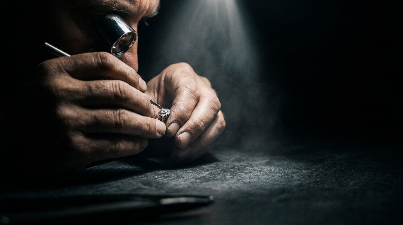 Jeweler hand-polishing a gold ring band on a cream linen-covered workbench with polishing tools