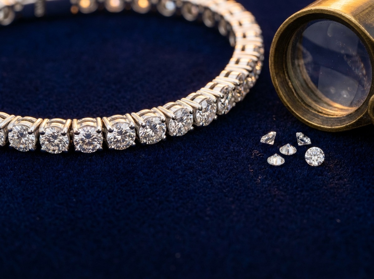 Finished tennis bracelet segment with matched natural melee diamonds set in a row on navy velvet