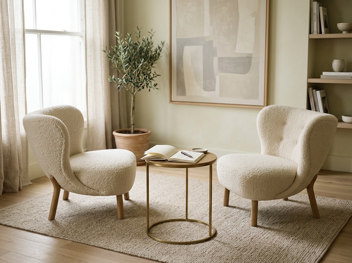 Two chairs facing each other across a small table, representing a jeweler and customer consultation about delivery expectations