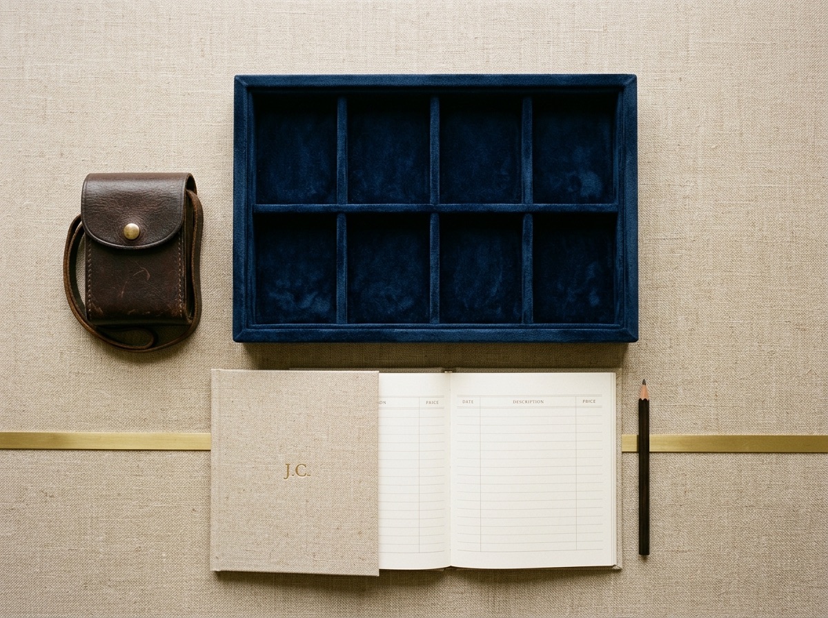 Folded diamond parcel papers and a loupe on a brass tray against a cream backdrop