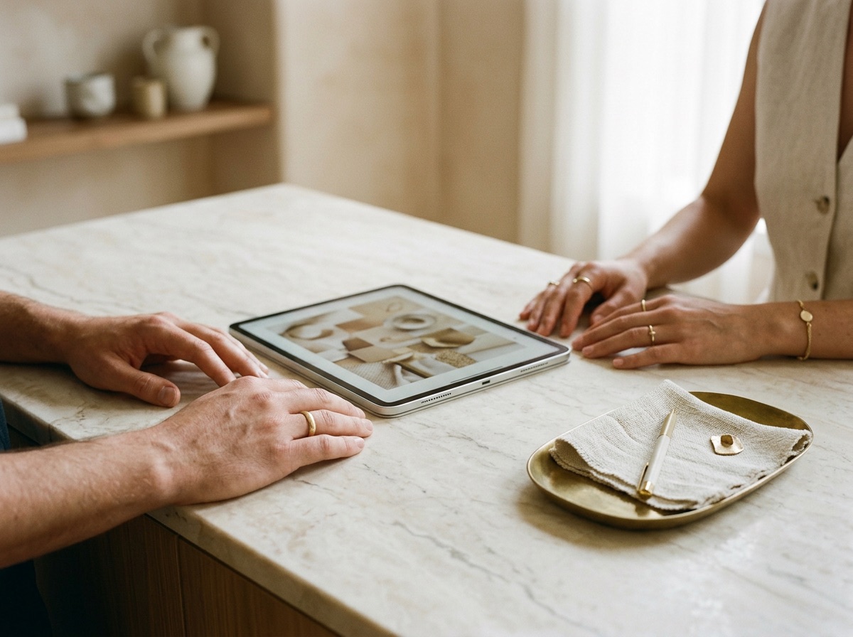 Consultation counter with a tablet showing an abstract mood board