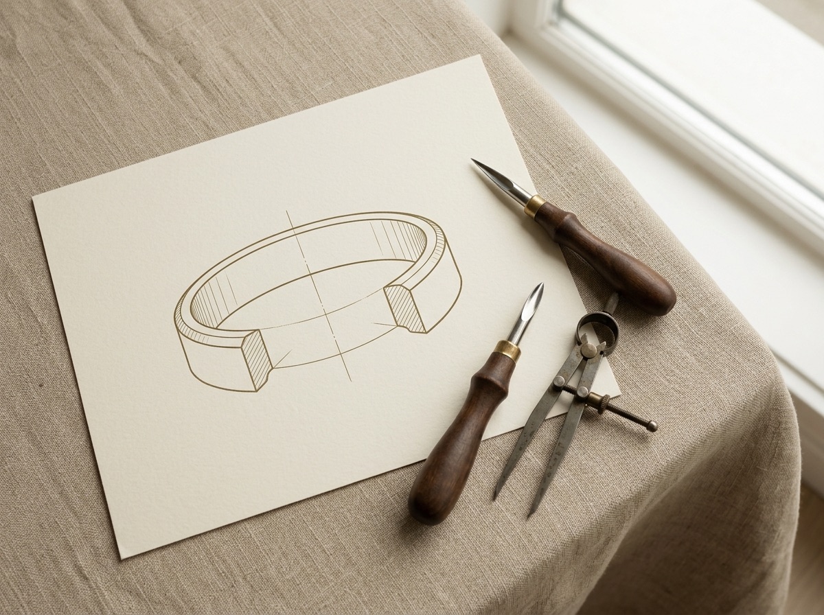 Overhead diagram of concentric halo rings drawn in brass linework on cream paper, alongside a loupe and fine tweezers
