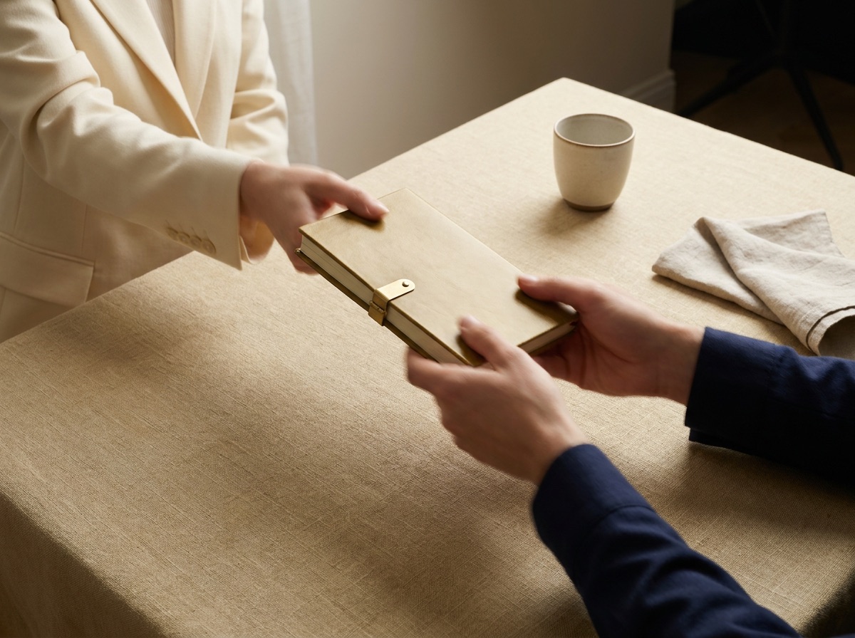 Two hands passing a brass-clasped ledger folder across a desk, representing a handoff between suppliers during a dual-account transition