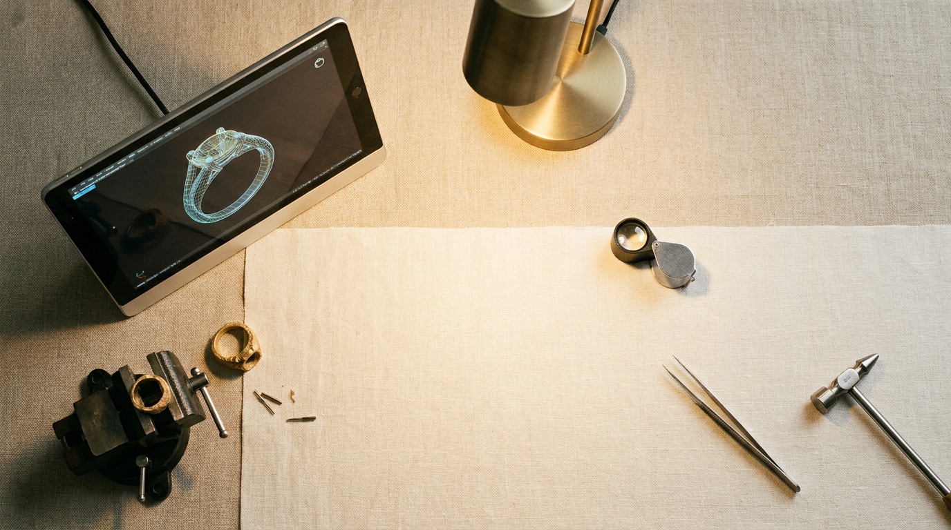 A jeweler hand-finishing a repair at a workbench while a customer's ring sits ready on a tray