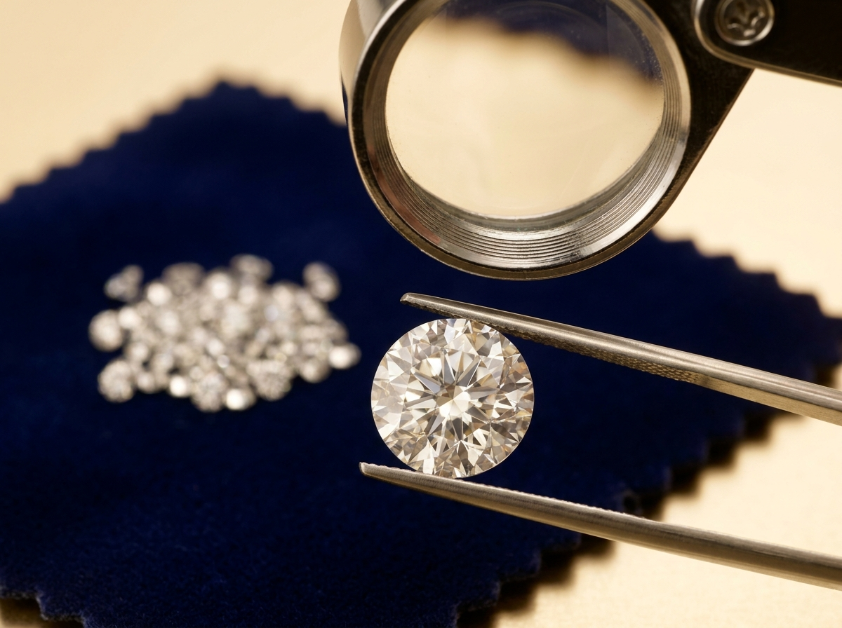 A single larger certified-tier loose diamond under a jeweler's loupe with a small blurred parcel of melee diamonds in the background